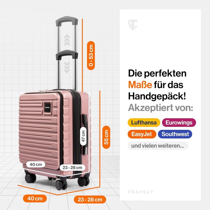 Чемодан Travely з полікарбонату, 77 см, XL, 100 л, з TSA-замком, рожеве золото. Розмір у зібраному вигляді: 158 см.