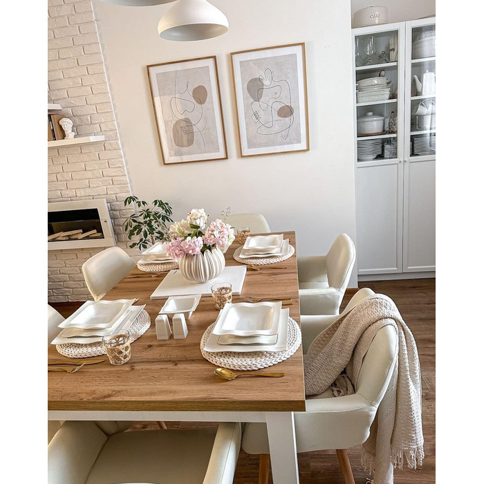 MALACASA, Mario Series, 28-piece porcelain dinnerware set consisting of 6 bowls, 6 dessert plates, 6 soup plates, 6 dinner plates, 2 rectangular platters, and 2 salt and pepper shakers.