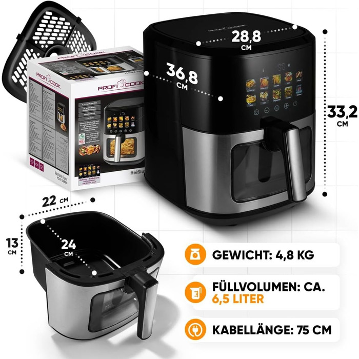 Аерофритюрниця ProfiCook 6,5 л, без олії, 9 програм, 1700 Вт, сенсорний дисплей, нержавіюча сталь, XXL, модель 2024