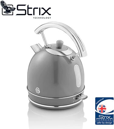 Swan Retro Electric Kettle - 1.8L, Vintage Design, Automatic Shut-Off, Cordless, BPA-Free Stainless Steel, 3000W, Grey