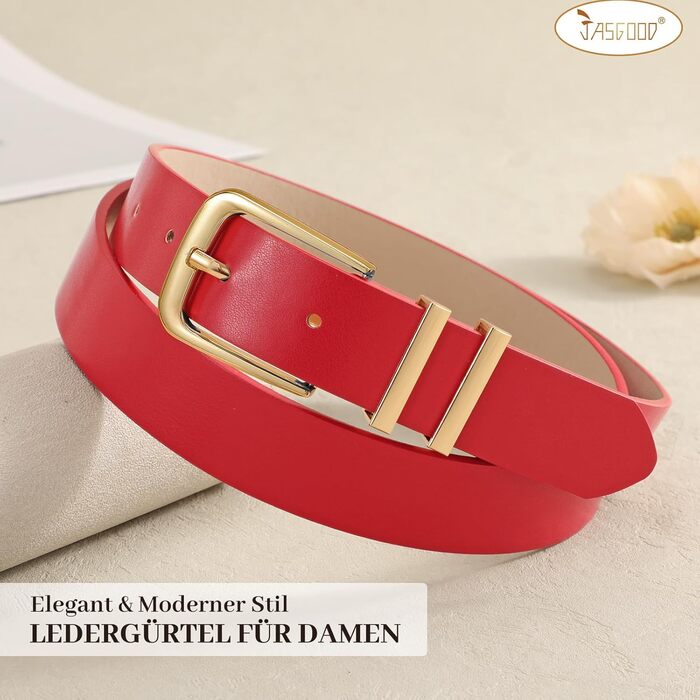 Жіночий шкіряний ремінь JasGood з золотою пряжкою для джинсів, штанів, суконь - червоний колір, розмір S (65-75 см)