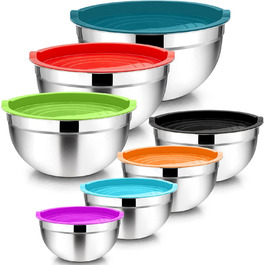 Homikit Mixing Bowl Set of 7, Polished Stainless Steel Bowl Set, Salad Bowl with Airtight Lid for Cooking/Baking/Serving, Stackable, Healthy, 6.5/4.5/2.7/2.5/1.5/1.2/0.7L, Colorful