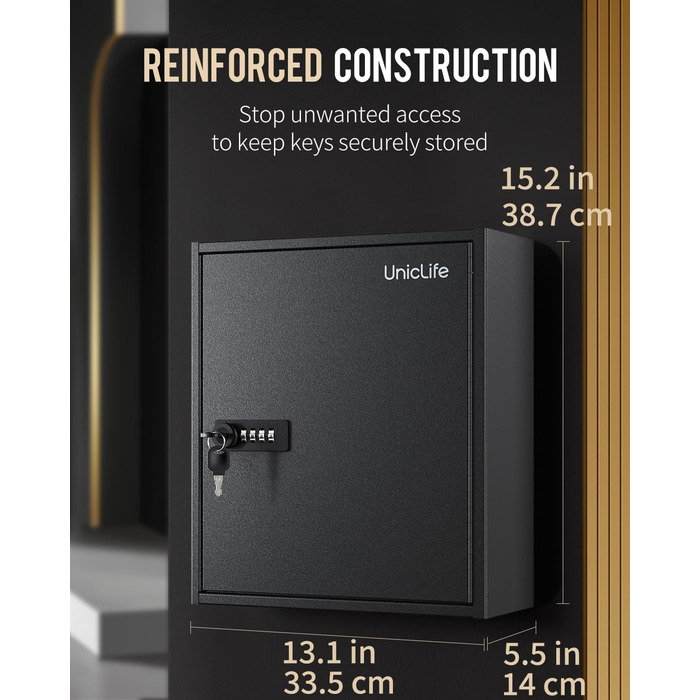 Шкафчик для ключів Uniclife на 60 позицій з комбінацією та ключовим замком, чорного кольору, з регульованими полицями. Цифрова скринька безпеки, органайзер для ключів