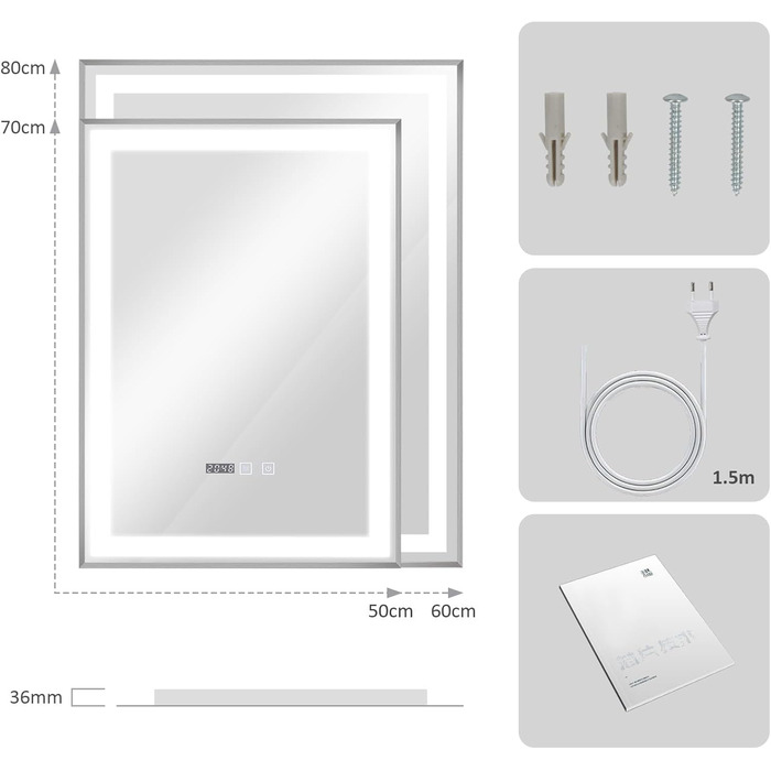 Дзеркало YOURLITE з підсвічуванням 70x50 см, LED дзеркало для ванної кімнати з годинником, сенсорне керування, 3 кольори світла, регулювання яскравості, антизапарник, пам'ять, срібний