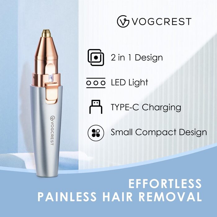 Триммер для обличчя та брів VG VOGCREST 2-в-1: бездротовий, з LED-підсвіткою, рожево-золотий/блакитний