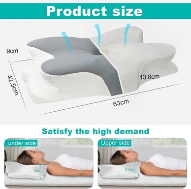 Ортопедична подушка Omtofo з піною з пам'яті для шиї, спини та сну на животі, 63 x 42.5 x 13.8/9 см