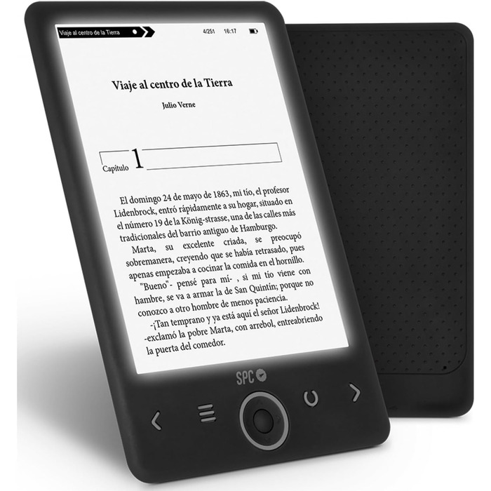 SPC Dickens Light 2 – Електронна книга з підсвічуванням дисплея та 6 рівнями інтенсивності світла, кнопками на передній панелі, місяцем автономної роботи, чорного кольору, 6 дюймів без обкладинки