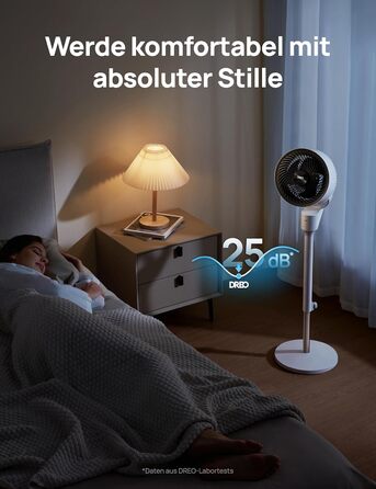 Дрео Безшумний підлоговий вентилятор з осциляцією, 1444 м³/год, 3 швидкості, таймер 6 годин, пульт дистанційного керування, циркуляція повітря за 3 хвилини, функція ароматерапії, білий