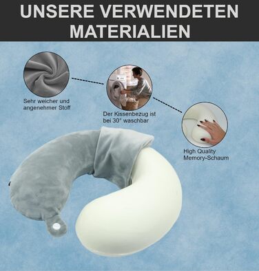 Подушка для шиї Essentials з піною з пам'яті (100%) - U-подібна, з м'яким оксамитовим чохлом - для подорожей, літака, авто, офісу та дому (Сірий)