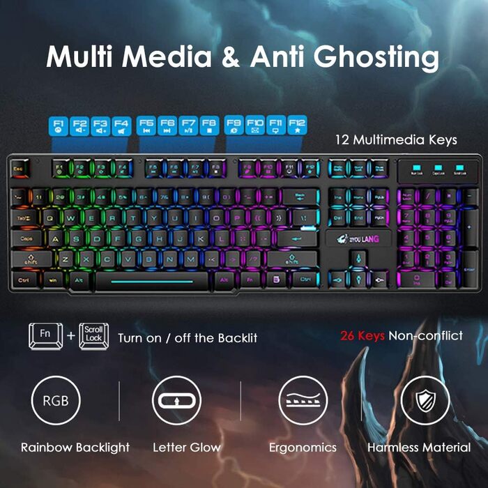 Бездротова клавіатура з підсвічуванням RGB, 2.4G, перезарядна, механічна, 104 клавіші + Миша RGB 2400 DPI, 6 кнопок + Килимок для миші Чорний