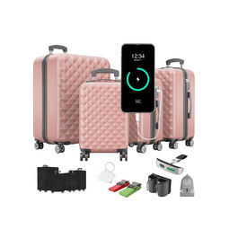 Преміум набір валіз 4 шт. – жорсткі валізи з TSA-замком, USB-порт – плюс ваги для валіз, ремені, адресники, тримач для напоїв, чохол для взуття, захисні чохли (рожеве золото)