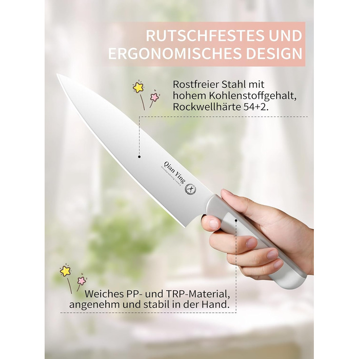 Набір кухонних ножів Qianying з блоком: 14 предметів, нержавіюча сталь, з точилкою, срібний колір, подарунок для мами