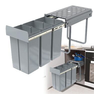 Вбудований контейнер для сміття HENGMEI для кухні, висувний, 3 секції по 10л, сірий