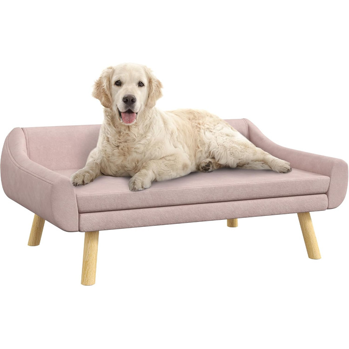 Диванчик для собак та котів PawHut з підлокітником, м'який лежак для домашніх тварин з дерев'яними ніжками, з подушкою, для собак середніх та великих порід, оксамит, 102 x 58,5 x 42,5 см (Рожевий)