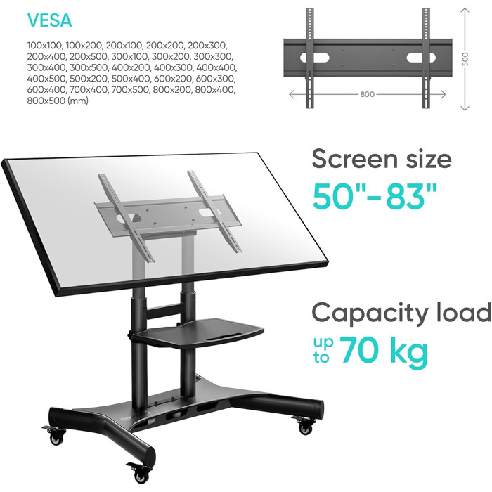 ONKRON Mobile TV Stand with Wheels - Adjustable Height & Tilt for 32-70 inch TVs up to 45kg, VESA 600x400 - Black TS1350-B
