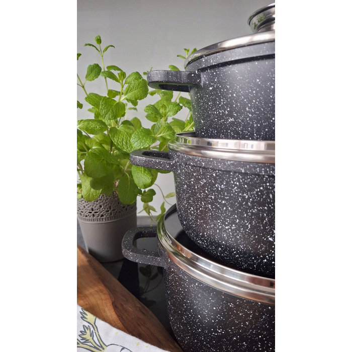 Набір каструль Hoffner, алюміній з мармуровим покриттям, чорний, 17 предметів