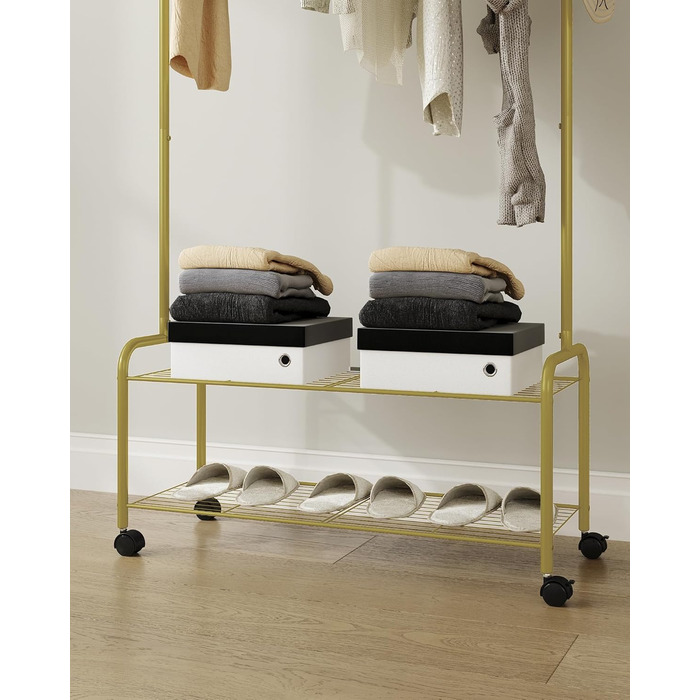 Clothes rack with 2-tier shelf, 3-in-1 design, clothes rack with 4 wheels, coat rack with 4 hooks for bags, Gold GR07499A