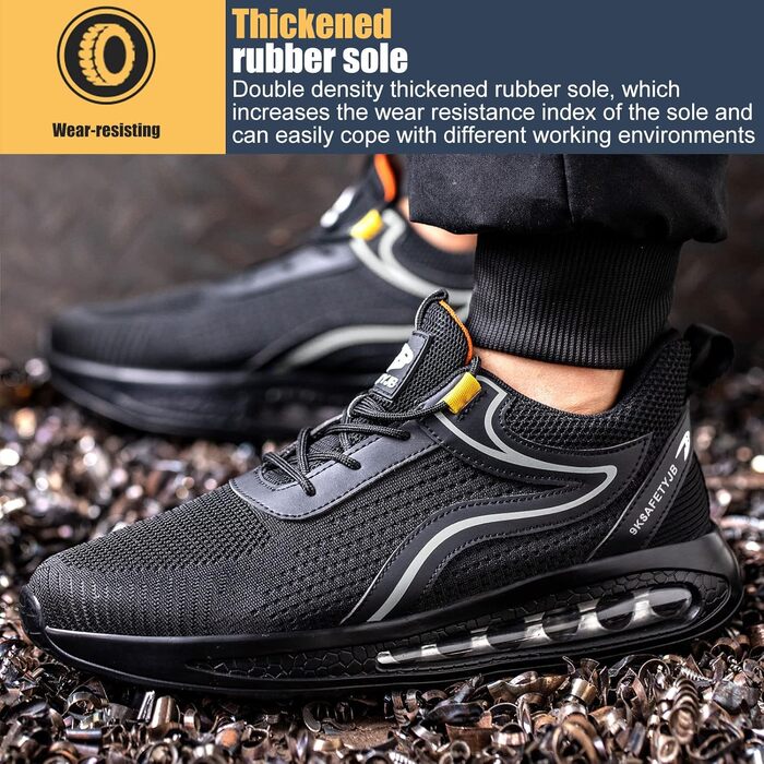 Черевики безпеки робочі чоловічі та жіночі S3, легкі, зі сталевим підноском, неслизькі, дихаючі, спортивні, робочі кеди (39 EU, чорний сріблястий)