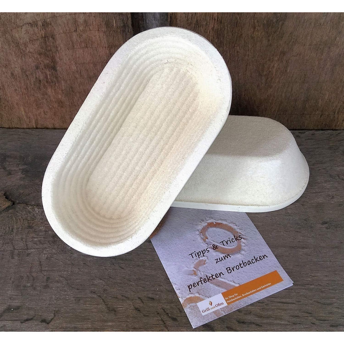 Bread proofing basket, small size, with ribbed pattern and cover, for 1 kg of bread, including information 'perfect bread baking'