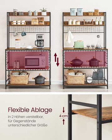 Стелаж кухонний VASAGLE з розетками, для мікрохвильової печі, з решіткою, 14 гачків, антрацит-чорний (40 x 100 x 170 см, Вінтаж-коричневий + Чорний)