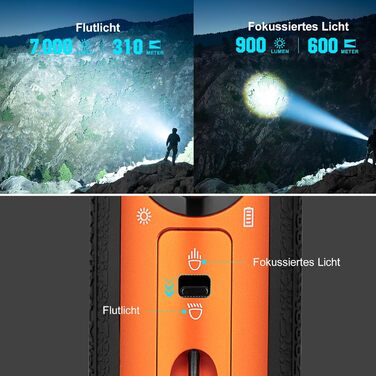 OLIGHT Marauder Mini LED ліхтар Super Hell 7000 Lumen, 600 метрів, перезаряджуваний, з прожектором та світловим потоком, 3 кольори LED, датчик відстані, для активного відпочинку (Orange)