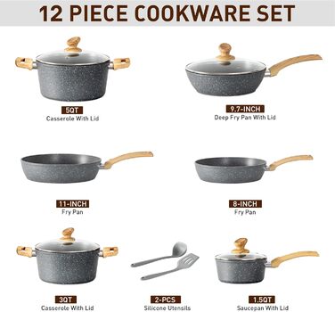 Набір посуду DishDelight 12 шт: сковороди та каструлі з антипригарним покриттям, підходить для індукційних, газових плит та мікрохвильовки, сірий