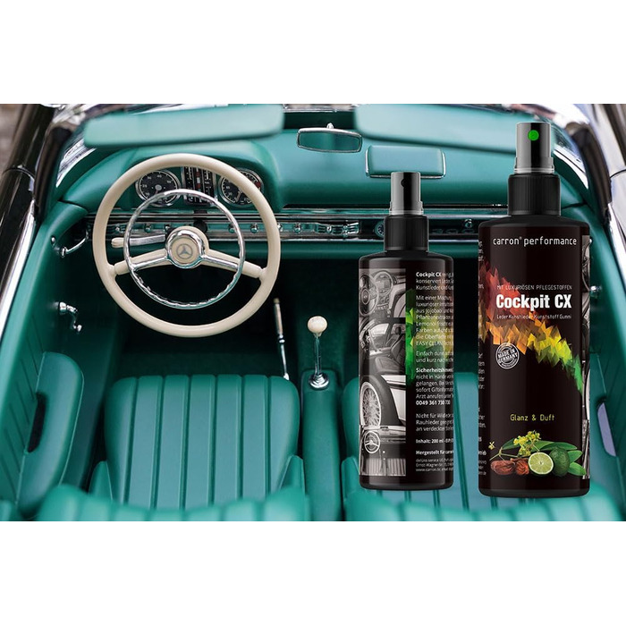 Cockpit CX Spray for cleaning and care of leather, faux leather, plastics, and rubber with jojoba oil, lemon oil, and carnauba wax (Original)
