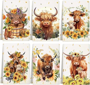 Redbaker Dishcloths with Highland Cow Design, Absorbent, Farm Cow, Watercolor Floral Pattern, Sunflower Towels, Housewarming Gift for Farmhouse, Kitchen, 6 Pieces