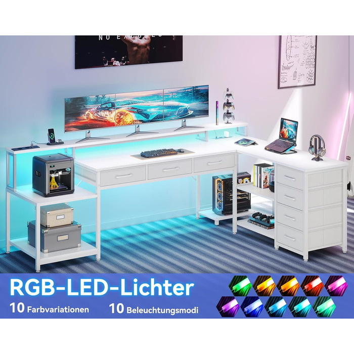 Комп'ютерний стіл Coleshome з 7 висувними ящиками та великим об'ємом зберігання, кутовий стіл з RGB LED підсвічуванням, L-подібний стіл з 2 розетками, ідеальний для офісу та геймінгу (білий, 199.5×145.5 см)