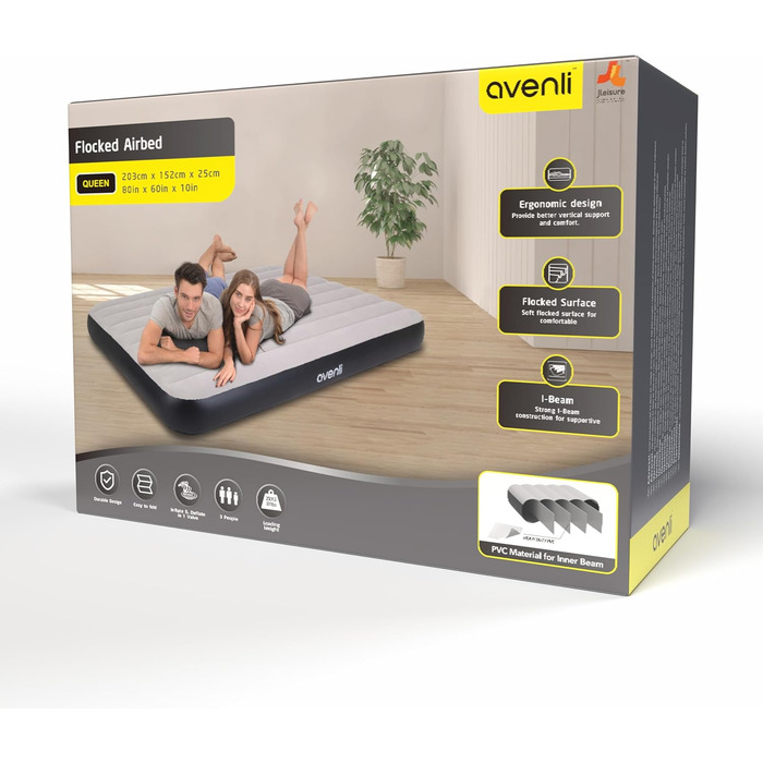 Надувний матрац Avenli для кемпінгу на 2 особи 203x152x25 см, флоксований, для дому та подорожей