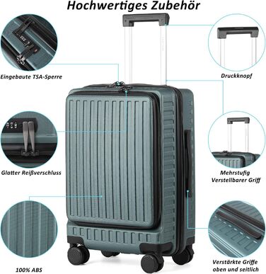 Чемодан ручної поклажі TANTOMI з відділенням для ноутбука, 20 дюймів, жорсткий корпус, легкий ABS-валіз, валіза з 4 колесами на 360°, TSA-замок (світло-темно зелений, 41л)