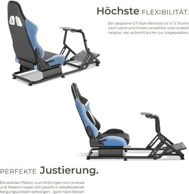 Ігровий симулятор Sim Racing Cockpit tectake® для Fanatec, Logitech, Thrustmaster, регульоване гоночне крісло GT-Style, сталевий каркас, до 120 кг (Чорний/Лазурний)