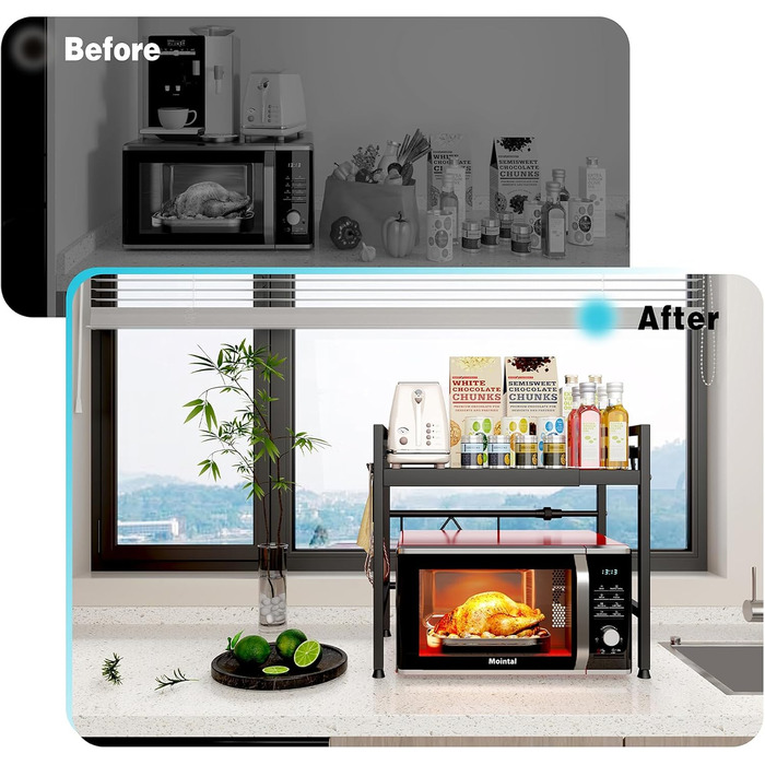 Регульована полиця для мікрохвильової печі, 2-рівнева, розширювана, металева, з 8 гачками, чорна