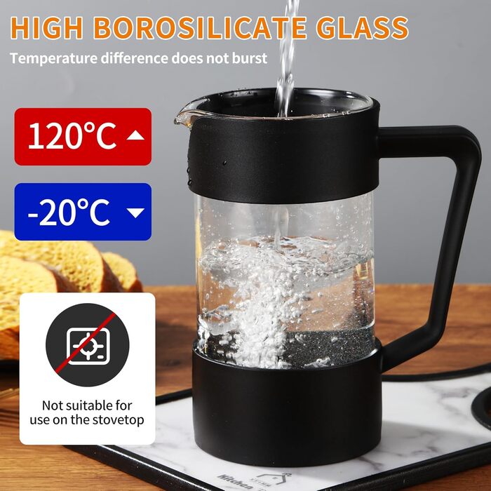 Френч-прес для кави 1000 мл, з нержавіючою сталлю, для приготування кави та чаю, з неслизькими ручками, для подорожей та як подарунок (Чорний)