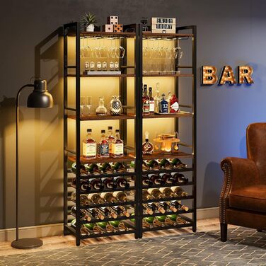 Tribesigns 20 Bottle Wine Baker's Rack, Freestanding Wine Rack, 9 Tiers, Industrial Freestanding Wine Rack Wine Bar with Glass Holder, Bottle Rack for Bar, Kitchen, Dining Room, (Rustic Brown, 2 PC)
