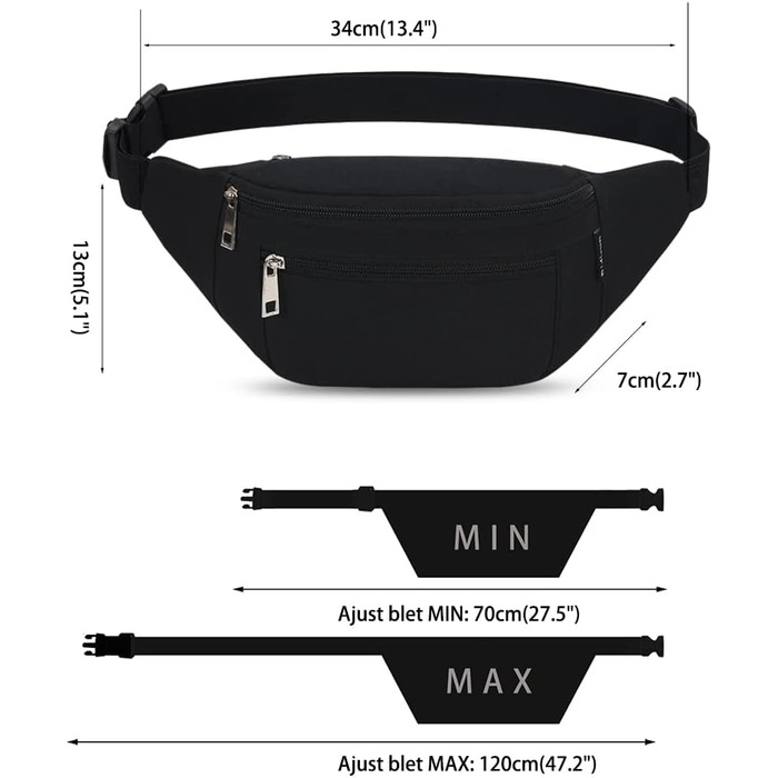 Чоловіча та жіноча поясна сумка на пояс, водонепроникна, для спорту, подорожей, кемпінгу, бігу, велосипеда (чорна)