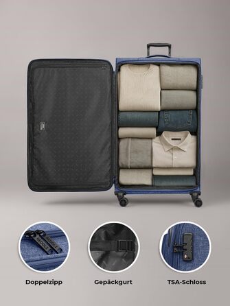 Набір валіз REDOLZ 3 шт. для жінок та чоловіків | Легкі та стабільні валізи-тролі, якісний Softcase, 4 подвійні колеса та TSA-замок | Розширювані з деhnfalten (Essentials 12) (Blue, XL розмір (90 см), 4 колеса)