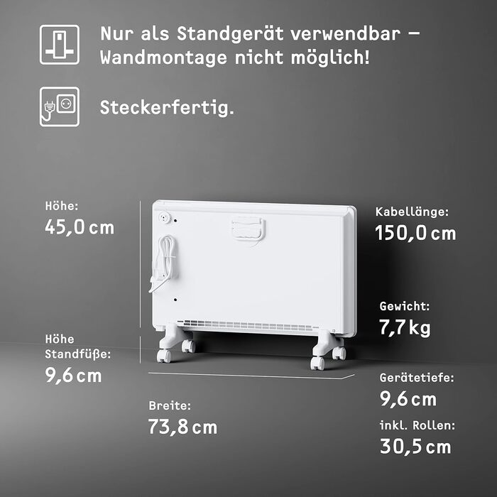 Електричний конвекторний обігрівач Stiebel Eltron 2 kW з таймером, для приміщень 25 м², з поворотними колесами, алюмінієва передня панель, TÜV-сертифікат