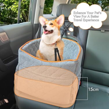 Memory Foam Dog Car Seat for Small Dogs (Under 11kg) - Elevated Design with Storage Pockets (Gray)