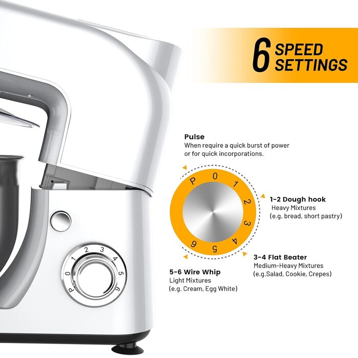 Кухонна машина-міксер з нержавіючою чашею, 6 швидкостей, для замішування тіста та збивання