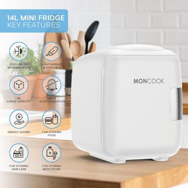 Mini-холодильник MONCOOK для спальні - компактний, портативний, тихий, з функцією охолодження та підігріву, 14L, білий. Ідеально для дому, офісу, авто, подорожей.