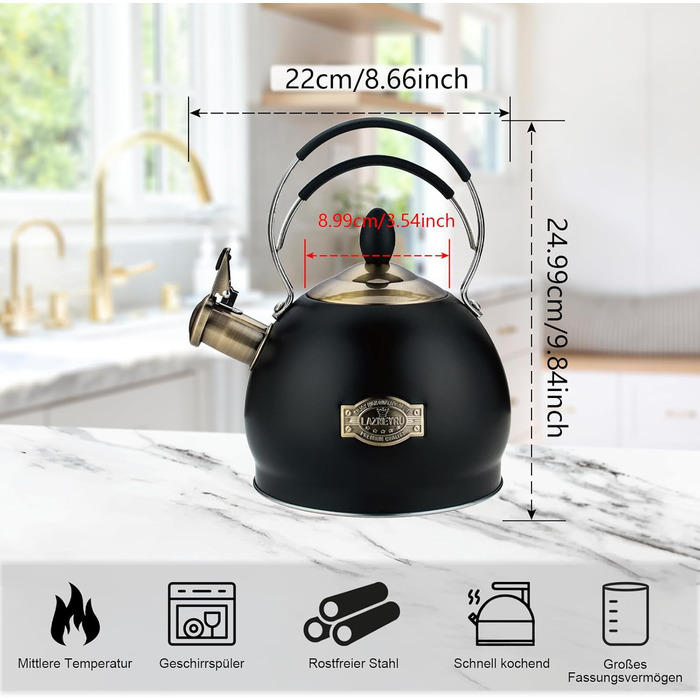 Півлітровий чайник-свисток з нержавіючої сталі з термостійкою ручкою, підходить для всіх типів плит, включаючи індукційну, чорний