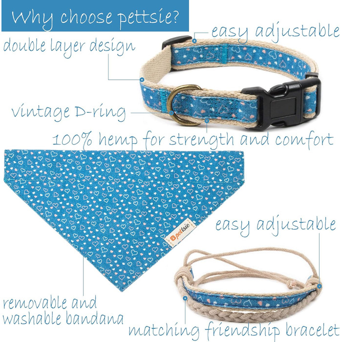 Pettsie Dog Bandana with Collar and Friendship Bracelet, Adjustable Sizes S, M, and L, Detachable Bandana Fabric, Attractive Packaging Included, Dog Lover, L, (M 33-50.8cm, Blue)