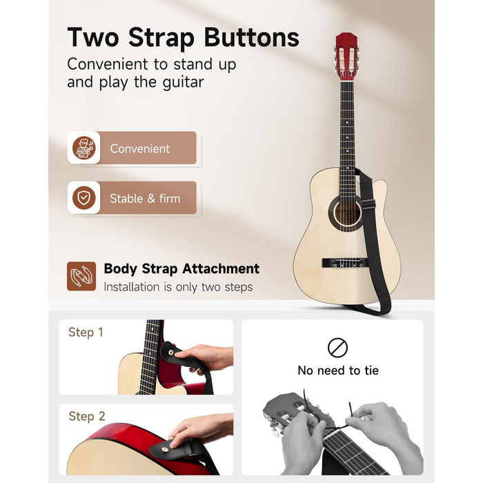Акустична гітара Moukey для початківців, дітей, підлітків та дорослих (38 дюймів, натуральний колір), комплект з аксесуарами