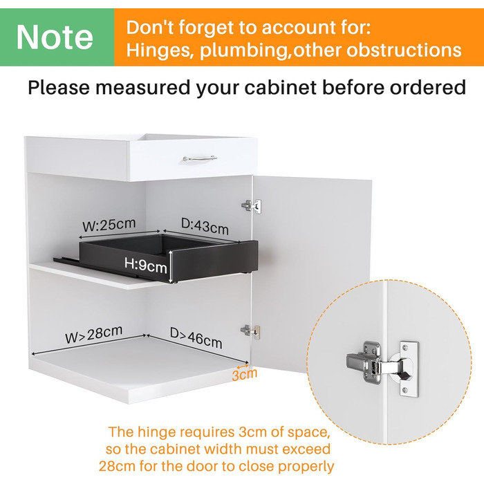 SAYZH Telescopic Drawer, Extendable Drawer Storage Shelves for Kitchen Cabinets, Extendable Pull-Out Drawer (43 Depth x 25 Width x 9 Height cm), No Drilling and Nailing Required