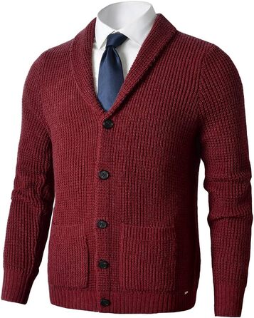 Чоловічий светр з коміром-шарфом, в'язаний візерунок, ґудзикова застібка, мериносова вовна, 5XL, бордовий колір