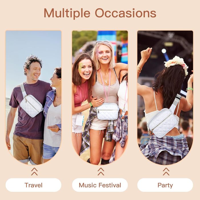 Жіноча бананка Jueachy: водонепроникна сумка через плече з ромбічним візерунком, 4 кишені на блискавці, для активного відпочинку та фестивалів (біла)