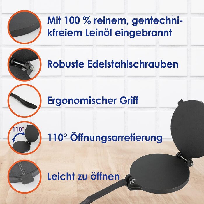 Пресс для тортилій StarBlue з чавуну, 10 дюймів (25 см) + 100 листів паперу для масла + електронна книга з рецептами - для приготування чапати, тортилій, роті (8 дюймів)