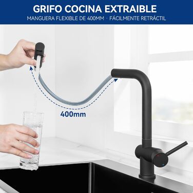 Кран кухонний CECIPA Hochdruck чорного кольору, висувна модель з душем, двома режимами струменя, поворотний на 360°, з нержавіючої сталі, ×207B (L-подібний, високий тиск)