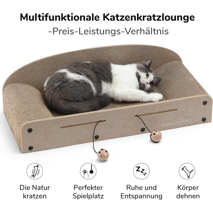 Cat Scratch Board, 66CM Durable Scratch Cardboard and Felt, Large Lounger, 2 Reversible Cat Scratch Pads for Cats, Recyclable Cardboard Cat Bed with Bell Ball Toy, Caramel Color (Large Format Beige)